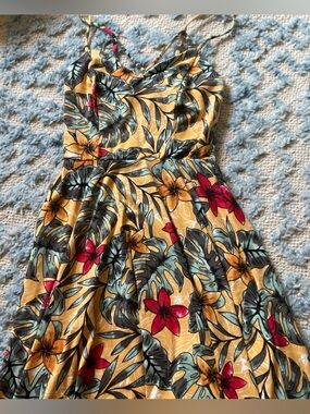 BCX Yellow Tropical Mini Dress with Red & Green Floral Print